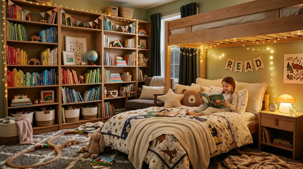 Kids bedroom with bookshelves bed