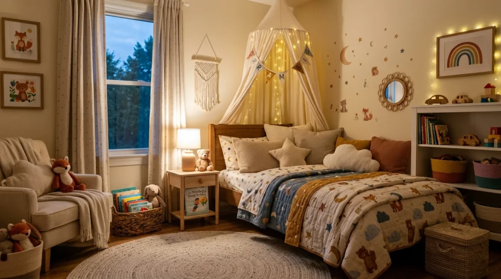 Kids bedroom with warm lighting